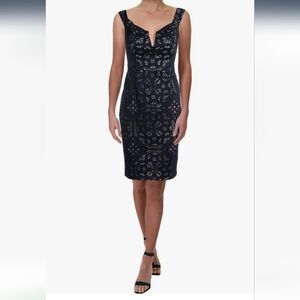 Xscape Navy Laser-Cut Lace Off-The-Shoulder Midi Dress – Size 4
